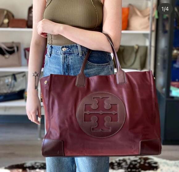 Tory Burch Handbags - Tory Burch Large Ella Tote Bag in Maroon Nylon and Leather Trim